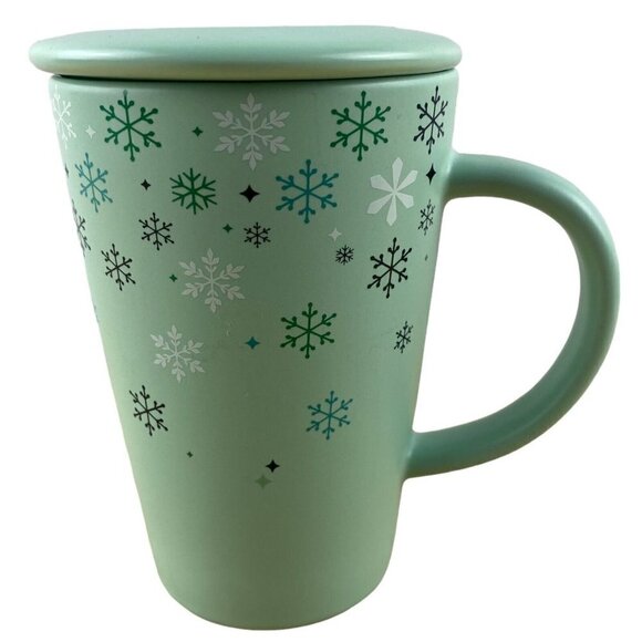 Davids Tea Mint Green Snowflake Moitif Winter Decor Tall Mug Cup Lid US 12 Oz - Picture 1 of 10